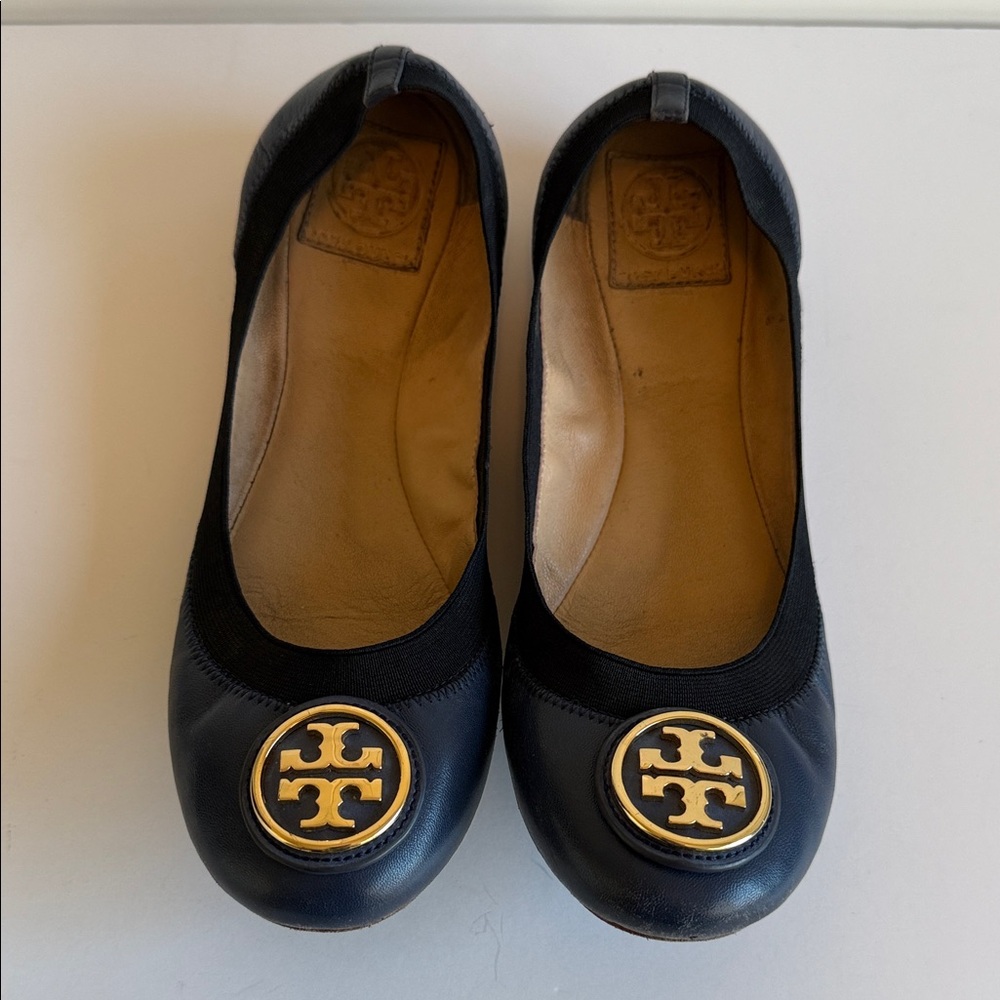 Tory Burch Blue Leather Gold Logo Ballet Flats